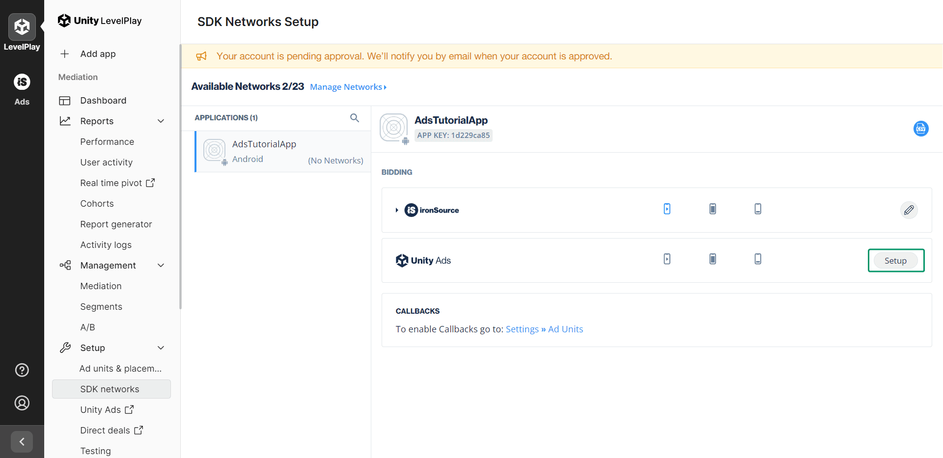 ironSource: setup Unity Ads